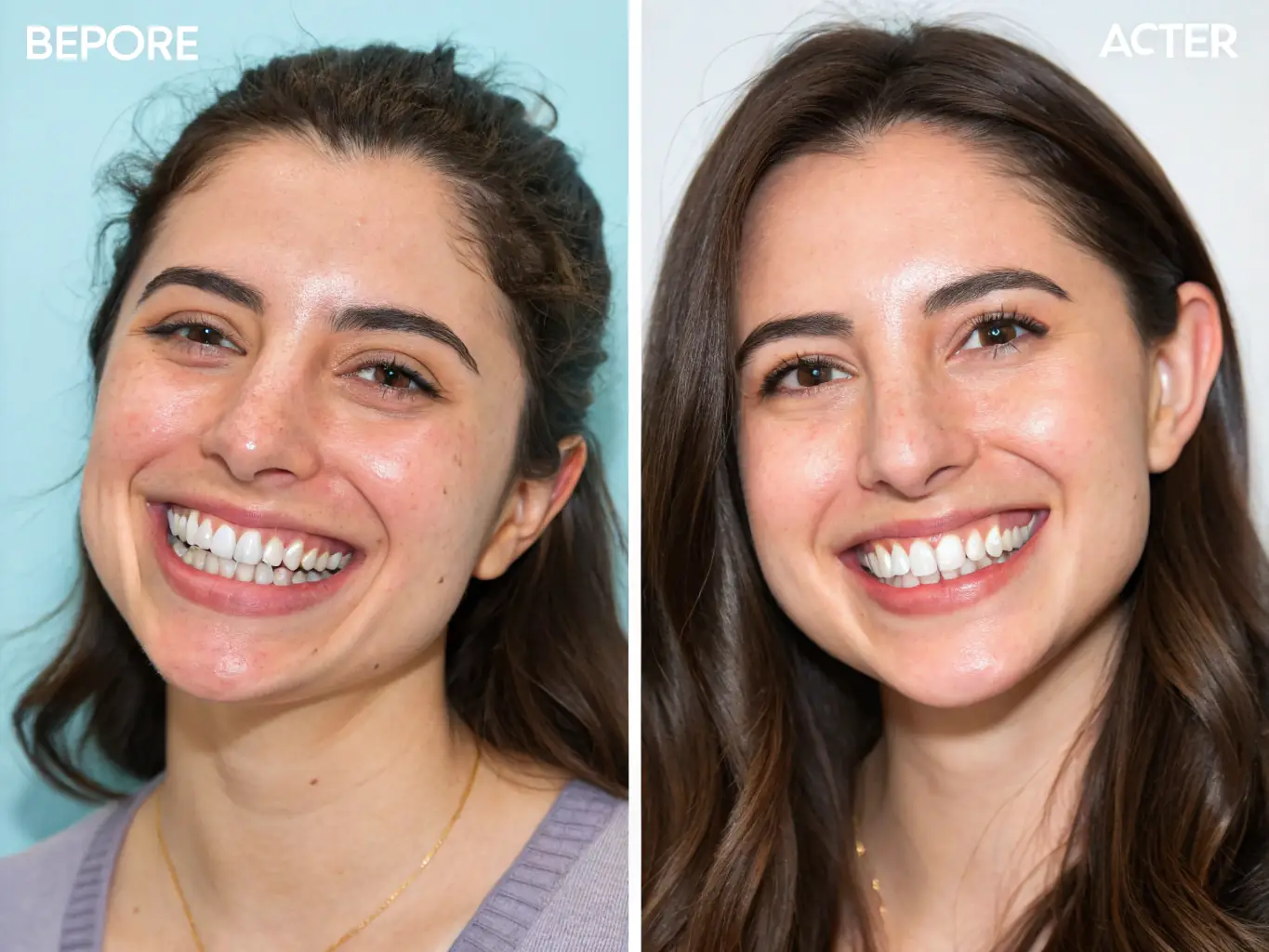 A before-and-after photo demonstrating the transformative effect of veneers on a patient's smile at crossdentalcare.com, highlighting the improved shape and alignment of their teeth.