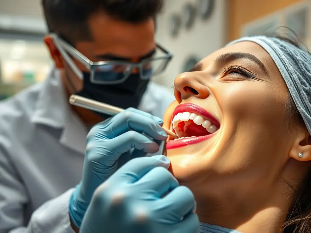 A close-up shot of a patient's teeth before a teeth whitening procedure, showing discoloration and stains. The image is professionally lit and focuses on the central incisors.